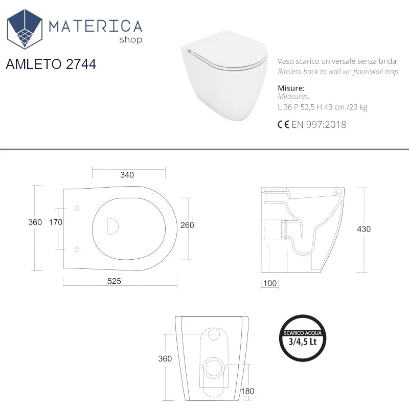 Amleto - Vaso a terra filomuro senza Brida con scarico universale - Image 6