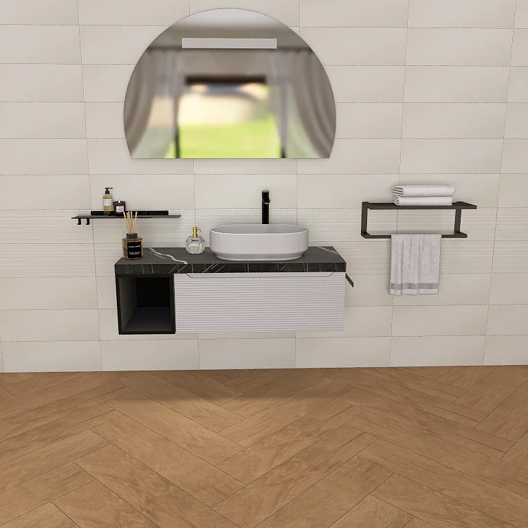 Penelope 02 - Mobile da Bagno Sospeso con Top Nero Marquinia e lavabo in appoggio - Image 12