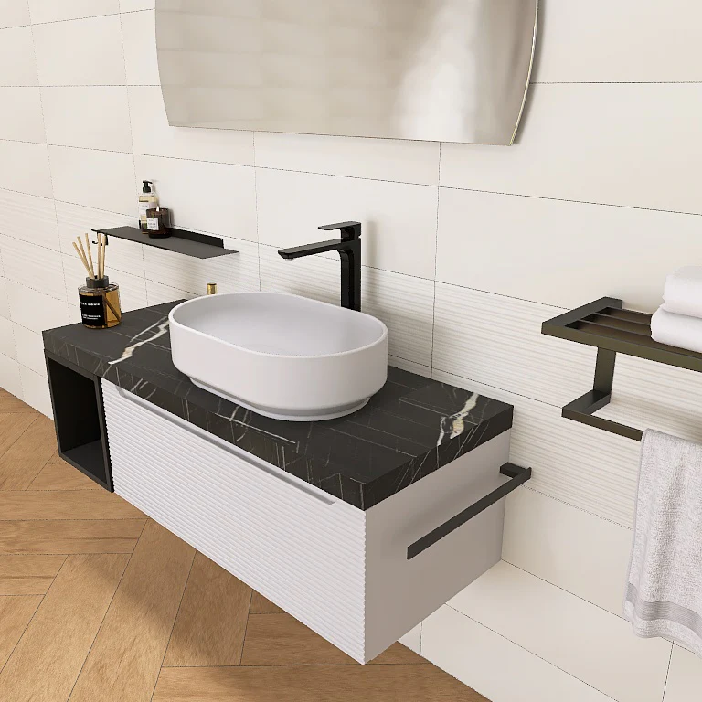 Penelope 02 - Mobile da Bagno Sospeso con Top Nero Marquinia e lavabo in appoggio - Image 2