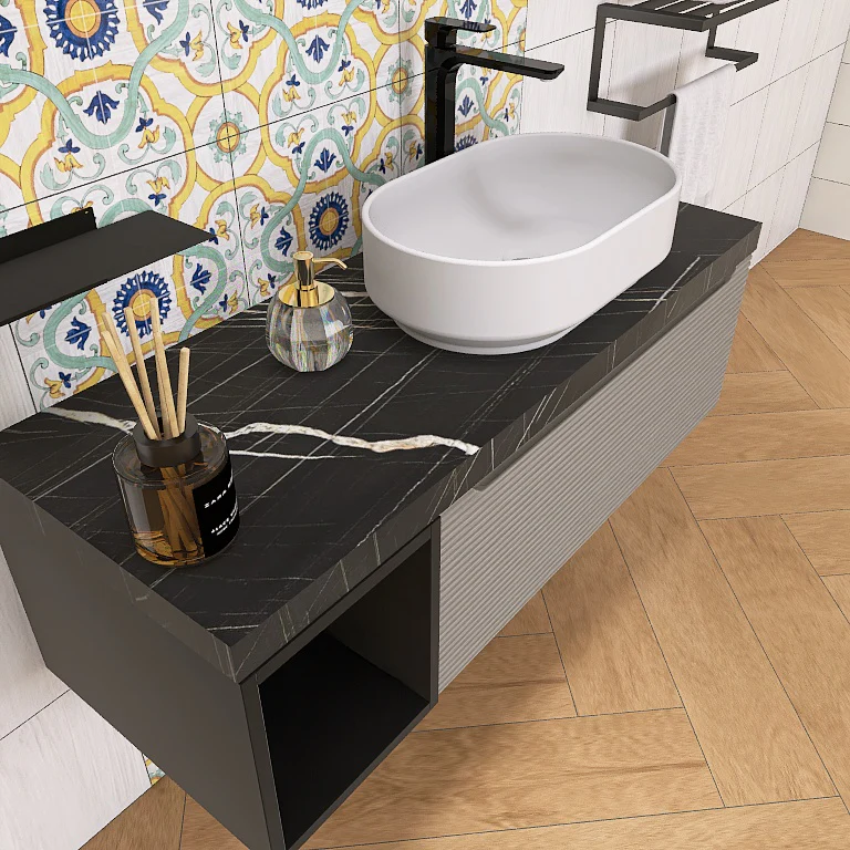 Penelope 02 - Mobile da Bagno Sospeso con Top Nero Marquinia e lavabo in appoggio - Image 3
