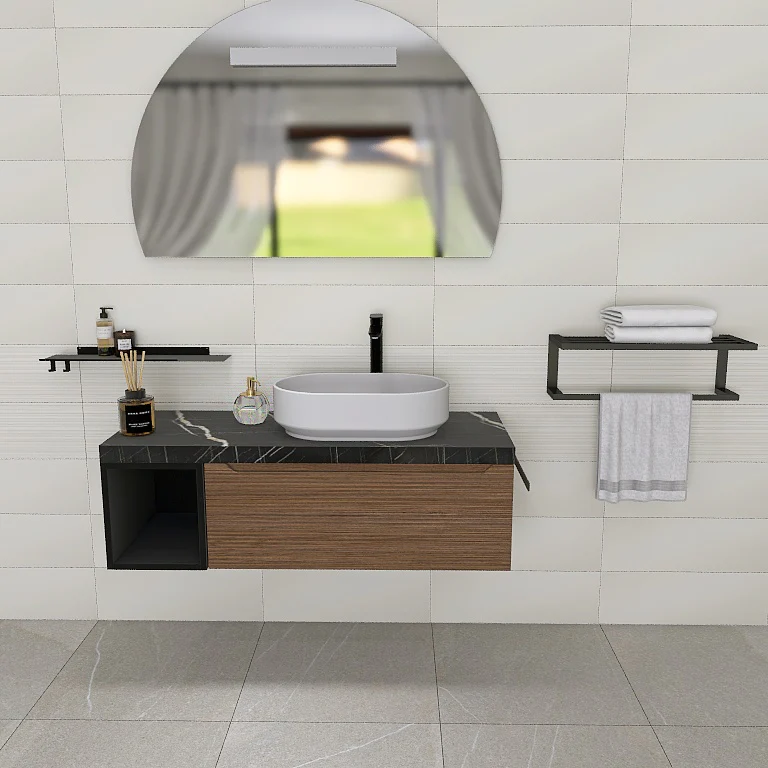 Penelope 02 - Mobile da Bagno Sospeso con Top Nero Marquinia e lavabo in appoggio - Image 7