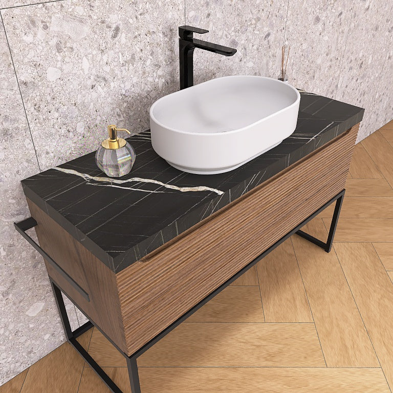Penelope 06 - Mobile da Bagno a Terra con Top Effetto Marmo e Dettagli in Metallo - Image 2