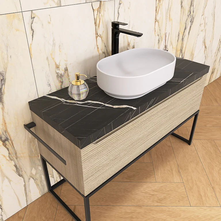 Penelope 06 - Mobile da Bagno a Terra con Top Effetto Marmo e Dettagli in Metallo - Image 8