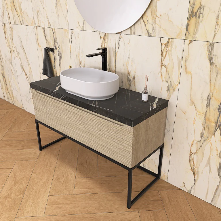 Penelope 06 - Mobile da Bagno a Terra con Top Effetto Marmo e Dettagli in Metallo - Image 9