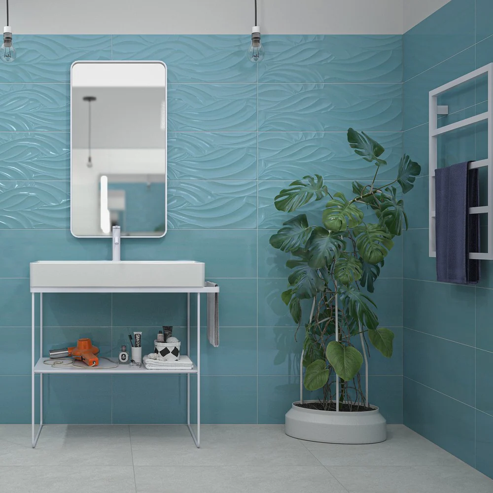 Fiji Edera 3D Acqua - Rivestimento Bagno Decoro a Rilievo Blu Avio 25x75 Pasta Bianca Rettificata