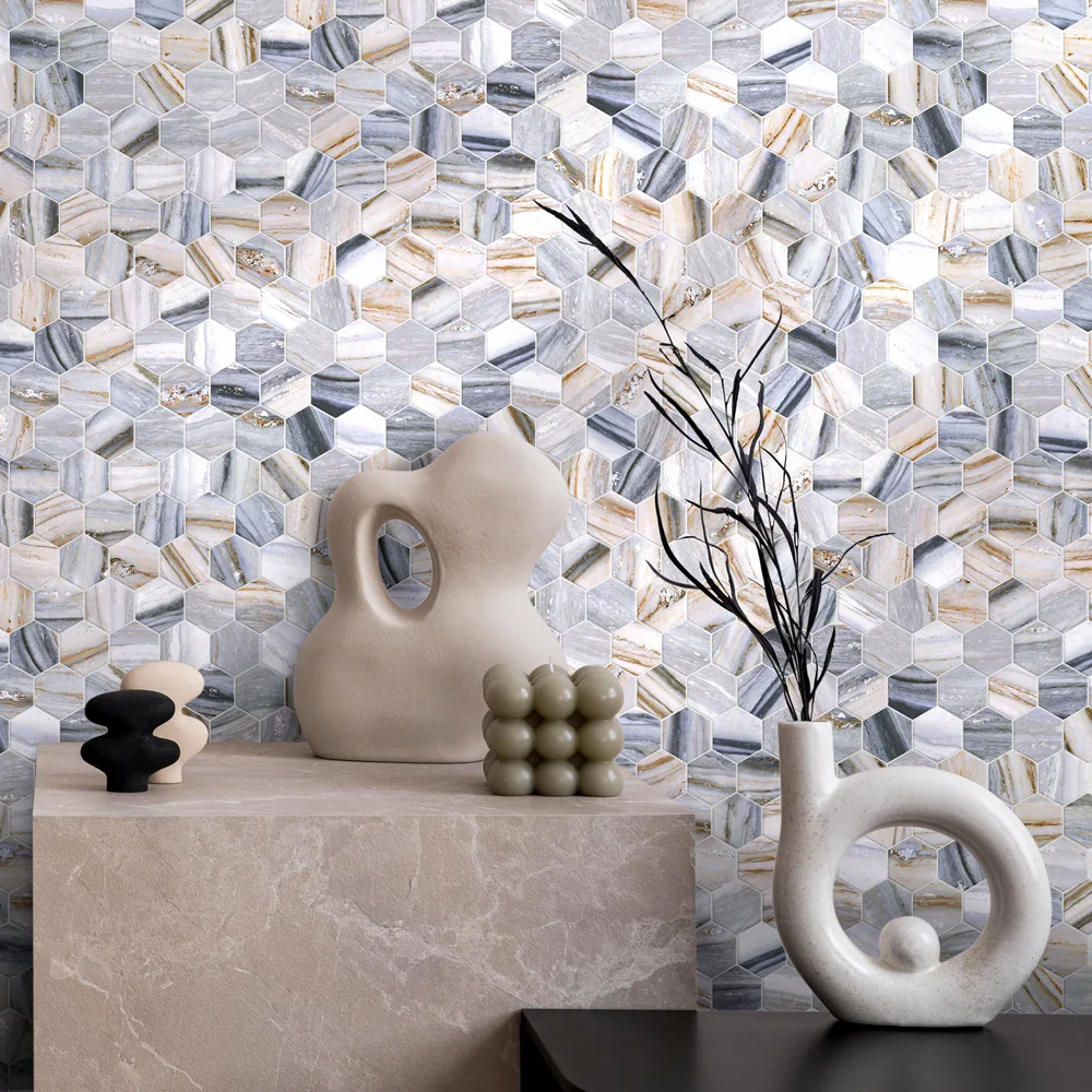 Prestige Hexa New Palissandro - Mosaico Esagonale su rete effetto marmo